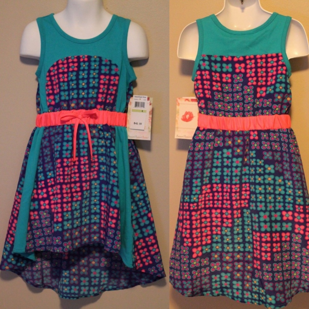 Sweet Heart Rose Floral Hi Low Dress‎ Teal 6x NWT